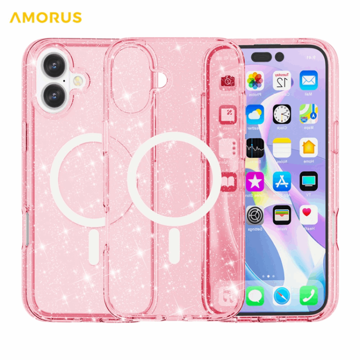 AMORUS - AMORUS Mobilskal till iPhone 17 Magsafe Glitter Powder PC + TPU - Rosa