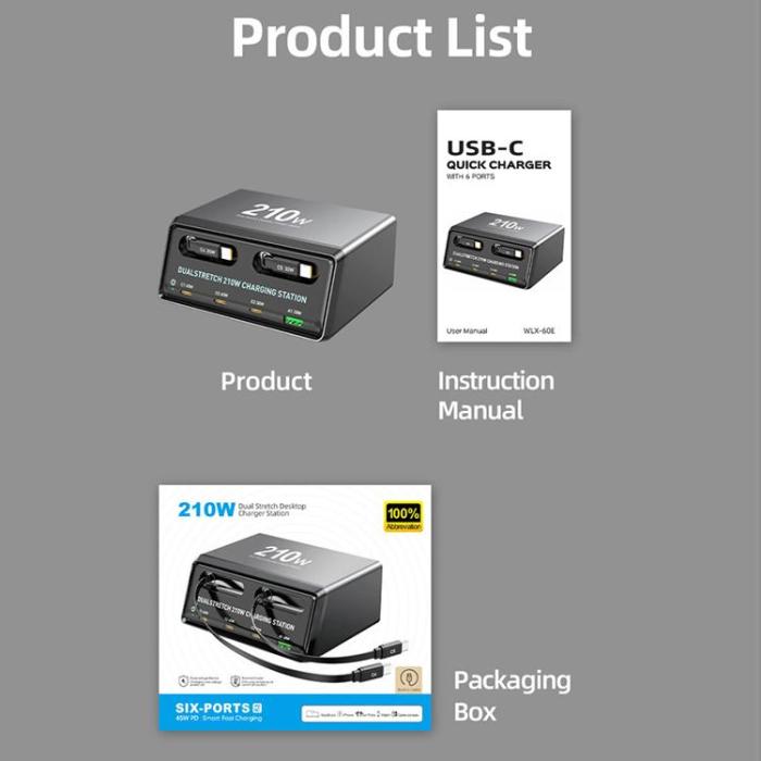 OEM - Bordsladdare 210W GaN USB-A + 3xTyp-C Strömstation WLX-60E