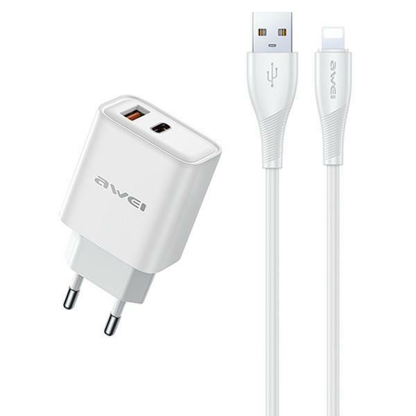 AWEI Väggladdare PD81L-EU 22.5W + USB-kabel + Lightning – Vit