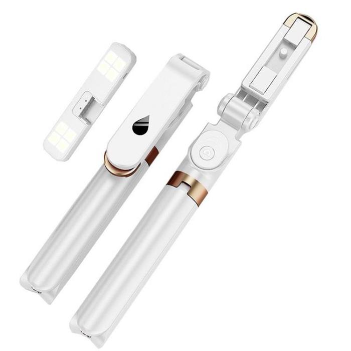 OEM - Selfiestick / Tripod fjärrkontroll med LED light - Vit