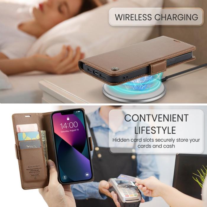 Caseme - CASEME Plånboksfodral Konstläder för iPhone 14 Plus - RFID-Skydd, Brun
