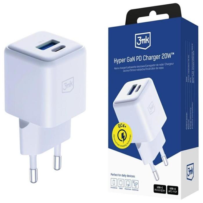 3MK - 3MK Snabbladdare 20W 1xUSB-A 1XUSB-C PD QC4 Hyper GaN - Vit