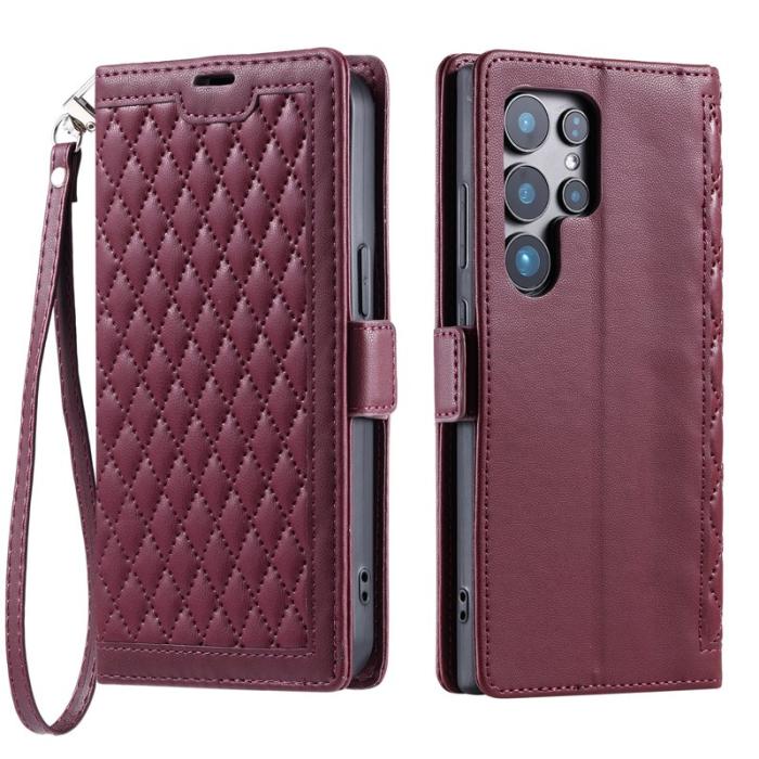 OEM - Samsung Galaxy S26 Ultra Fodral Äkta Läder Rhombus - Vinröd