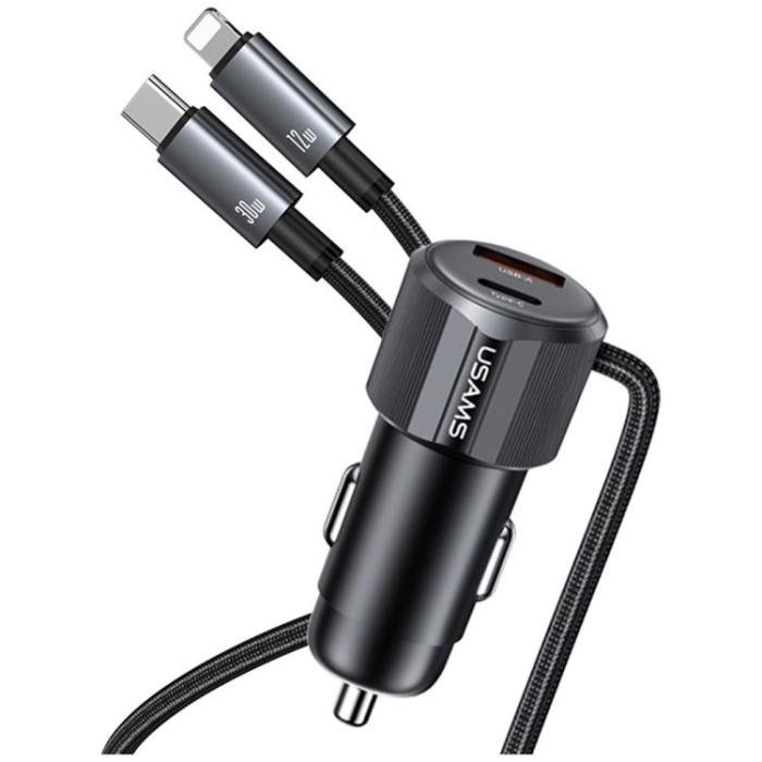 USAMS - USAMS Billaddare 66W 1xUSB-A 1xUSB-C Med USB-C/Lightning Kabel