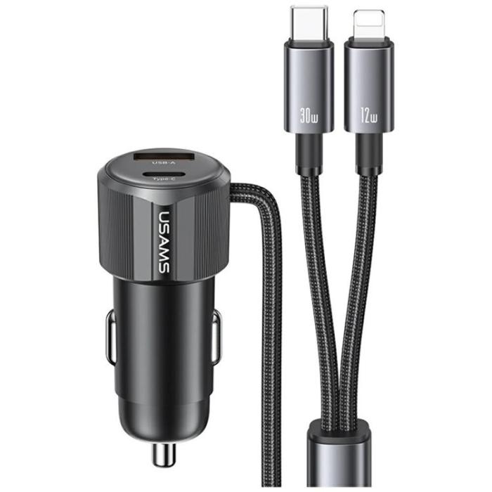 USAMS - USAMS Billaddare 66W 1xUSB-A 1xUSB-C Med USB-C/Lightning Kabel