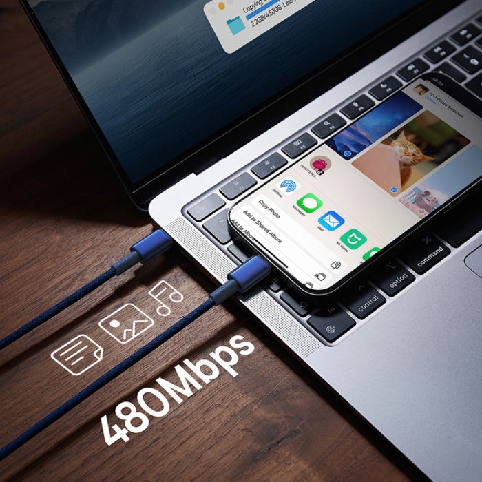 BASEUS - Baseus USB-C till USB-C kabel 100W 1m Tungsten Gold - Marinblå