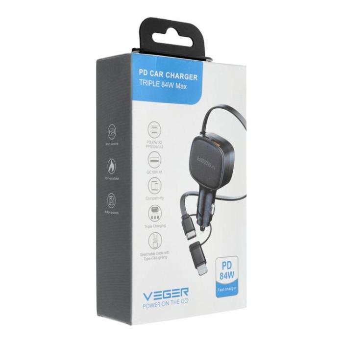 Veger - VEGER Billaddare 84W USB-C med Lightning/USB-C Kabel CC89 - Svart