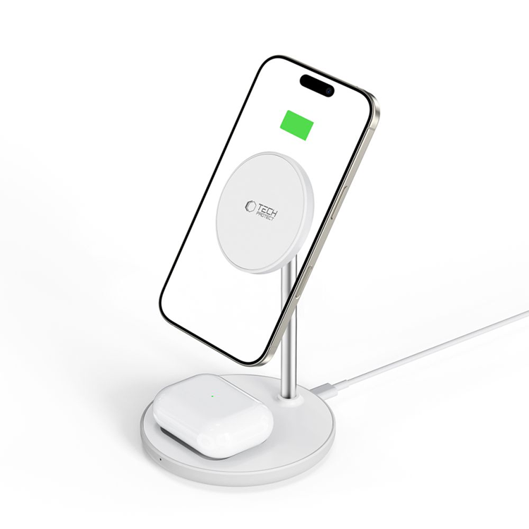 Tech-Protect 2-in-1 Trådlös Laddare Magsafe Magnetic QI 15W-A39 - Vit | 505295 | AlltMobil