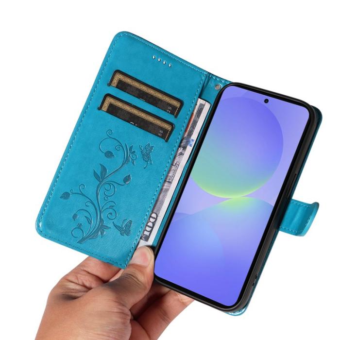 OEM - Samsung Galaxy A37 Plånboksfodral Konstläder Blommönster - Blå