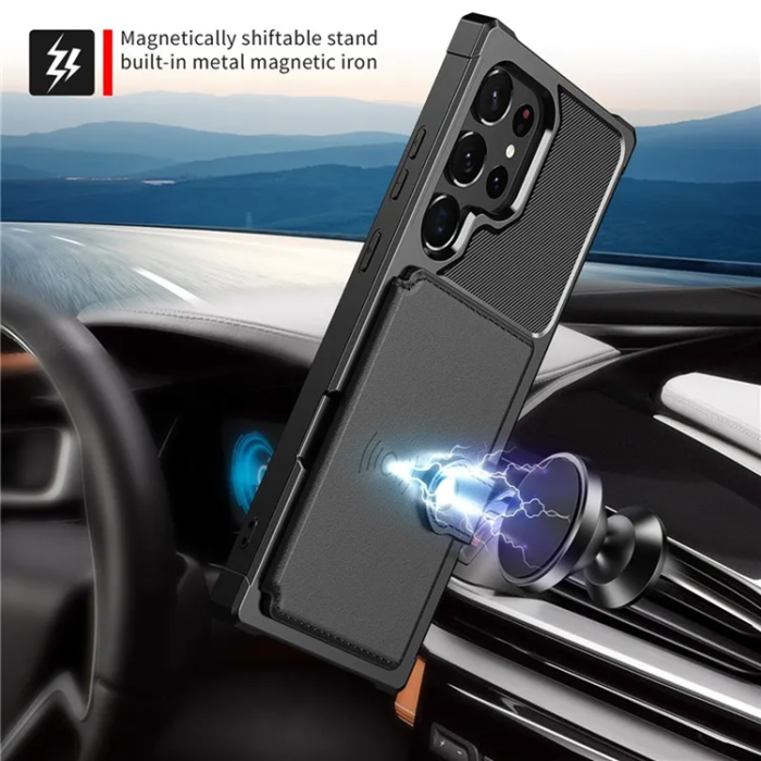 A-One Brand - Galaxy S23 Ultra Mobilskal Korthållare ZM03 PU-Läder - Svart