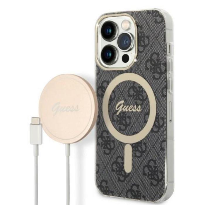 Guess - GUESS iPhone 14 Pro Magsafe Skal Print + Trådlös Laddare - Svart