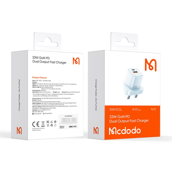 Mcdodo - MCDODO Snabbladdare 33W USB-C - USB-A UK PD Nano - Blå