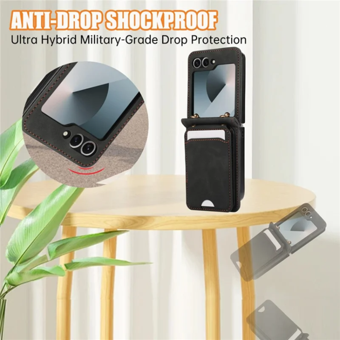 A-One Brand - Galaxy Z Flip7 Plånboksfodral Kickstand med Axelrem - Svart