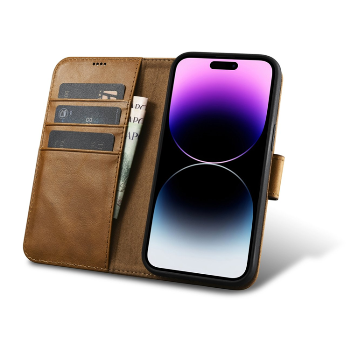 ICARER - iCarer iPhone 14 Pro Plånboksfodral 2in1 Äkta Läder Anti-RFID - Brun