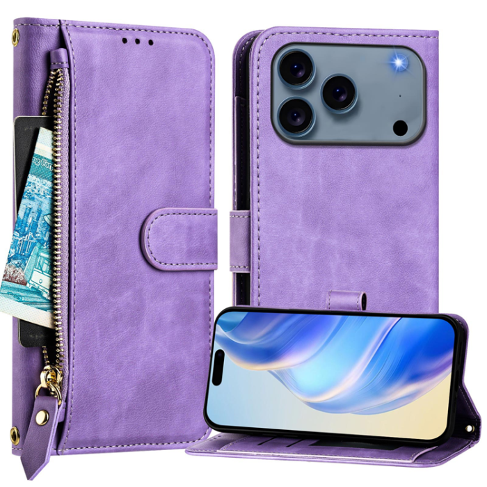 A-One Brand - iPhone 17 Pro Plånboksfodral Zipper Pocket Läder - Lila