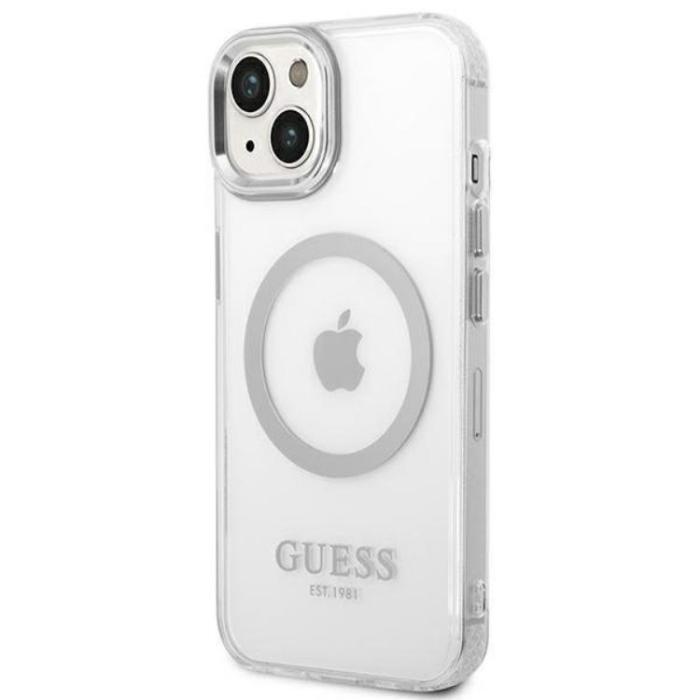 Guess - GUESS iPhone 14 Skal Magsafe Metal Outline - Silver