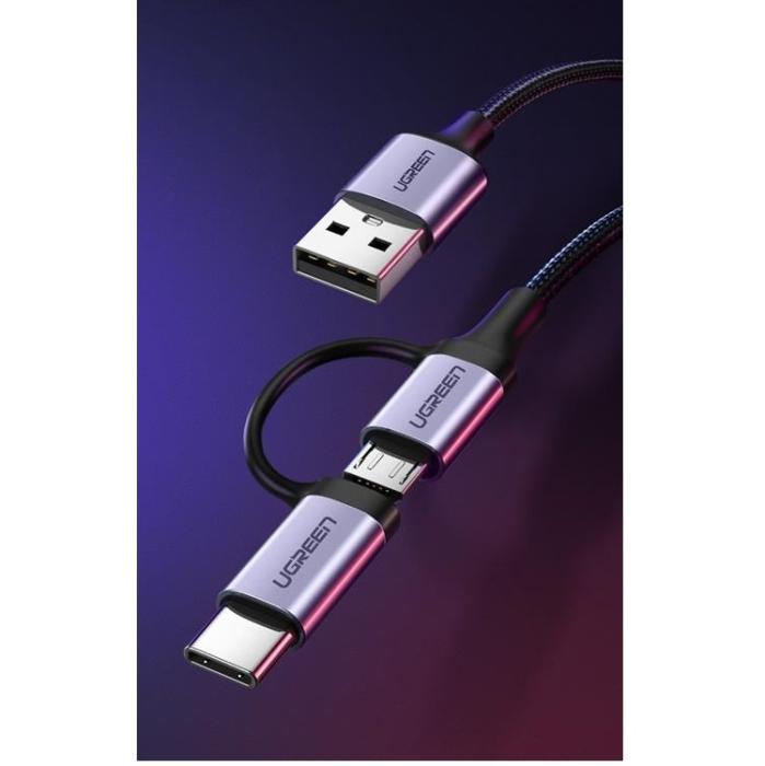 Ugreen - Ugreen 2in1 USB-A till microUSB, USB-C Kabel 1m - Svart
