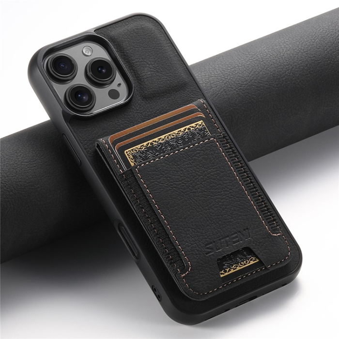 SUTENI - SUTENI iPhone 16 Pro Max Mobilskal Korthållare Litchi Läder