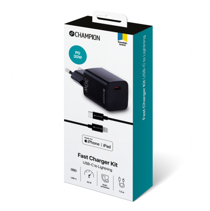 Champion - Champion Snabbladdare Kit USB-C/Lightning 30W PD - Svart