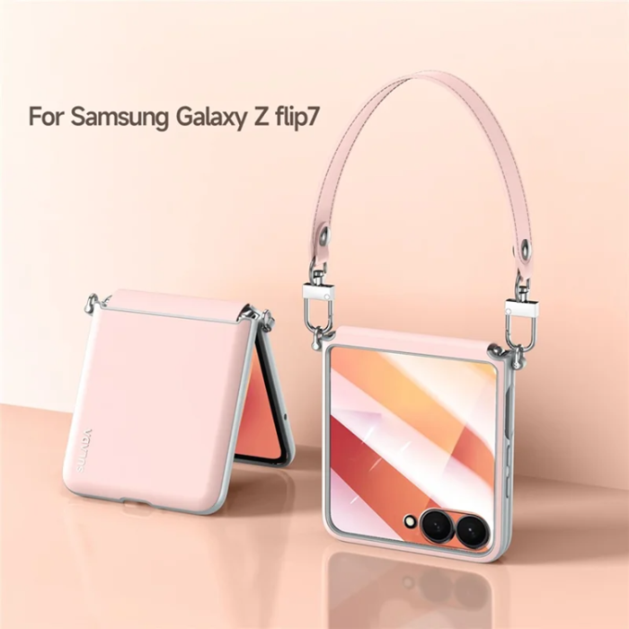 SULADA - SULADA Galaxy Z Flip 7 Mobilskal med Rem Läder - Rosa