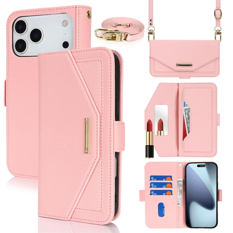 iPhone 17 Pro Plånboksfodral Cross Texture med Axelrem - Roséguld | 2353 | AlltMobil