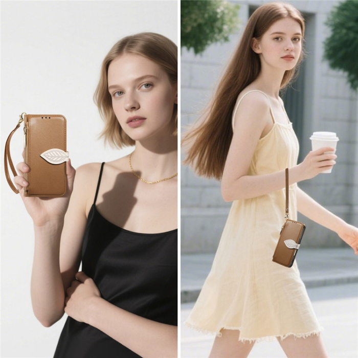 A-One Brand - iPhone 17 Pro Max Plånboksfodral Leaf Magnetiskt Spänne Konstläder - Brun