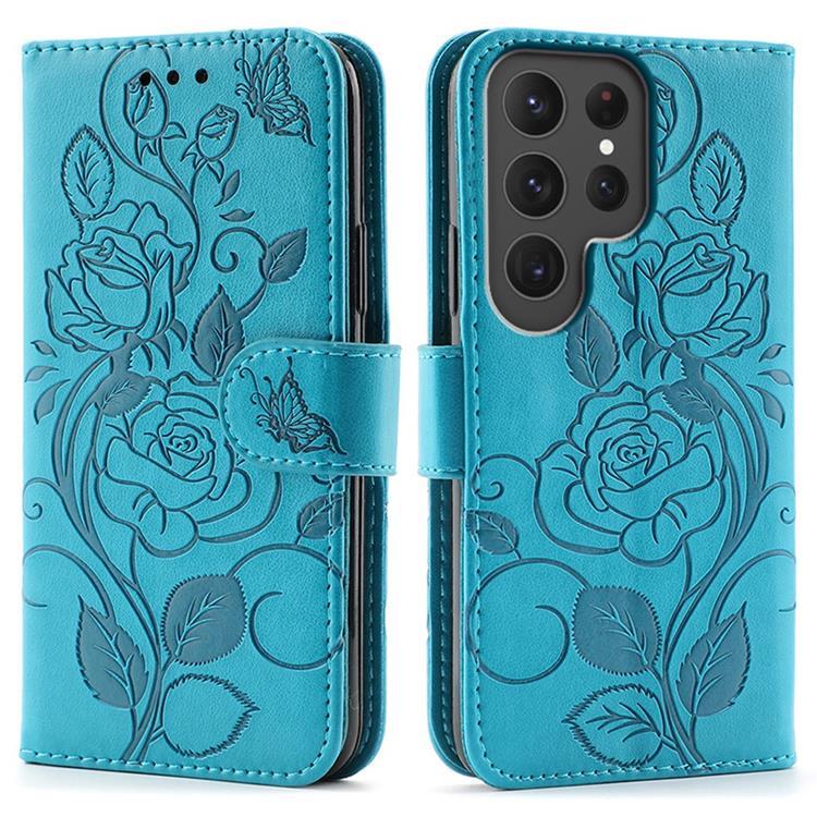 Galaxy S25 Ultra Konstläder Plånboksfodral Imprinted Rosa Butterfly - Blå (Blå) | 2353 | AlltMobil