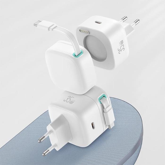 USAMS - USAMS Väggladdare 1xUSB-C m utdragbar kabel PD+QC 35W GaN - Svart