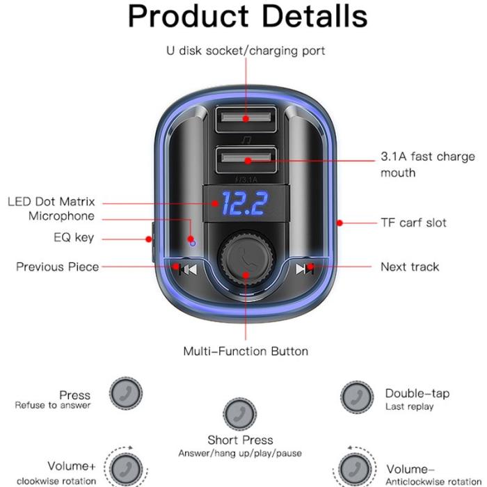 OEM - YESIDO Y44 Bluetooth FM-sändare för bil med 2 USB-portar och ljudadapter