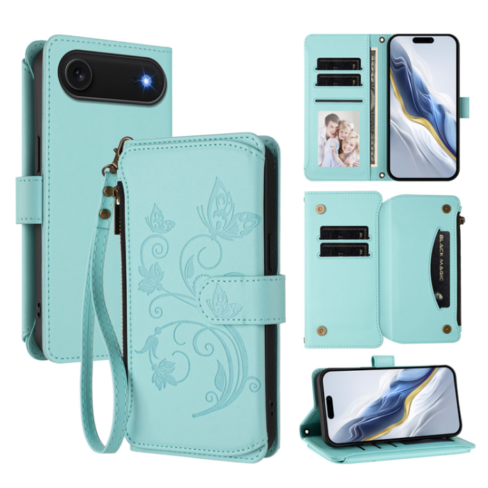 A-One Brand - iPhone 17 Air Plånboksfodral Butterfly Floral Imprint - Mintgrön