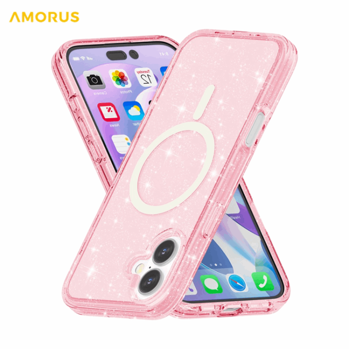 AMORUS - AMORUS Mobilskal till iPhone 17 Magsafe Glitter Powder PC + TPU - Rosa
