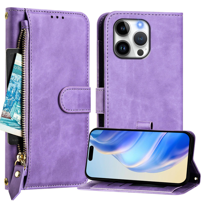 A-One Brand - iPhone 16 Pro Max Plånboksfodral Zipper Pocket Läder - Lila