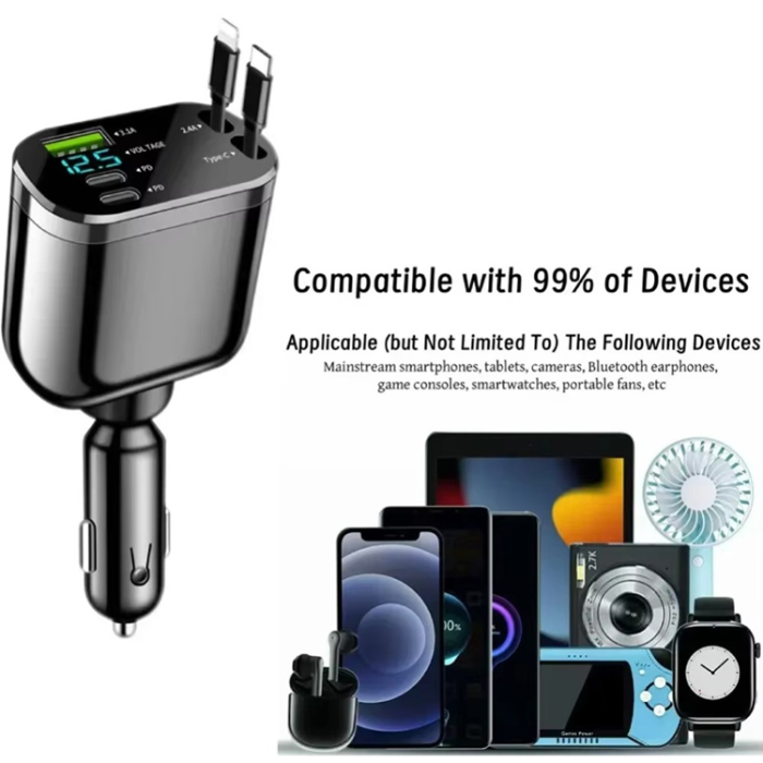 A-One Brand - 5in1 Billaddare USB-A/2x USB-C Indragbar USB-C/Lightning Kabel