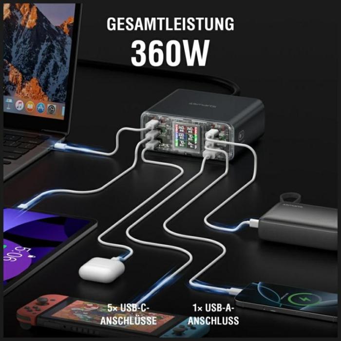 4smarts - 4smarts Laddningsstation 360W 5xUSB-C 1xUSB-A Lucid GaN DIY - Grå