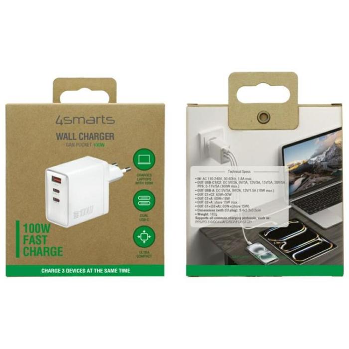 4smarts - 4smarts Snabbladdare 100W 2xUSB-C 1xUSB-A Pocket GaN - Vit