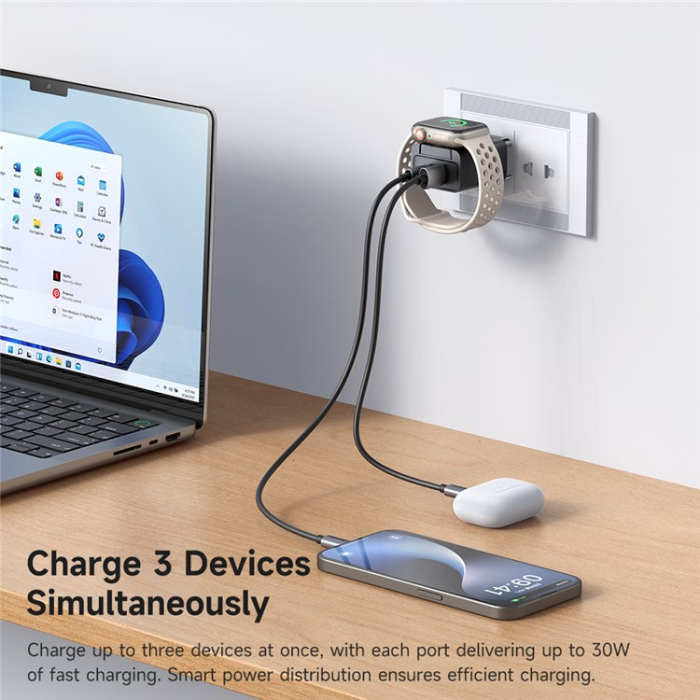 Joyroom - JOYROOM 2i1 Snabbladdare 30W USB-C/USB-A Watch Trådlös Laddare