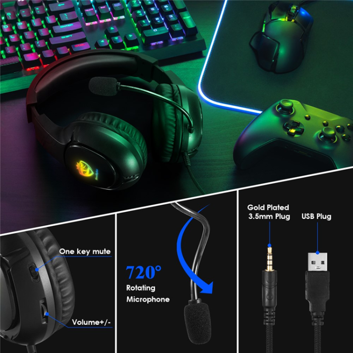 KOTION EACH - KOTION EACH Over-Ear Gaming Hörlurar med Adapterkabel LED-ljus S20