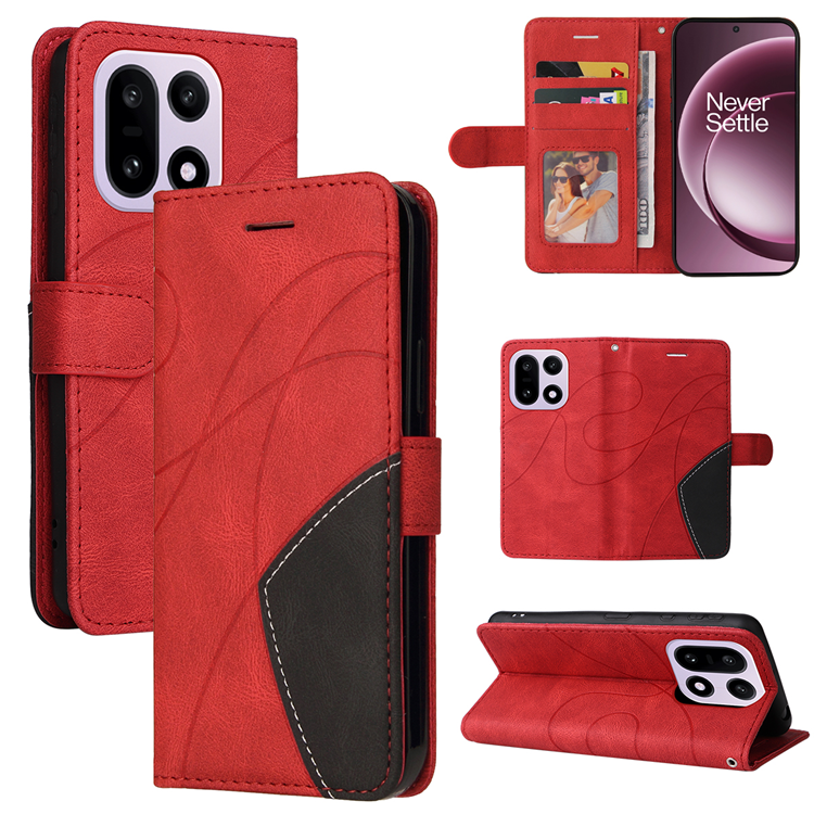 OnePlus 15 5G Konstläder Plånboksfodral Bi-Färg Splicing Design (Röd) | 2353 | AlltMobil