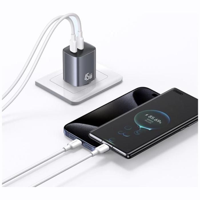 USAMS - USAMS Snabbladdare 45W 2xUSB-C GaN - Tarnish