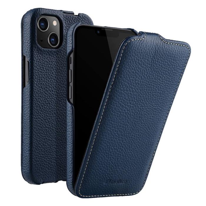 Melkco - MELKCO iPhone 14 Plus Litchi Textur Vertikalt Flipfodral Äkta Läder Blå