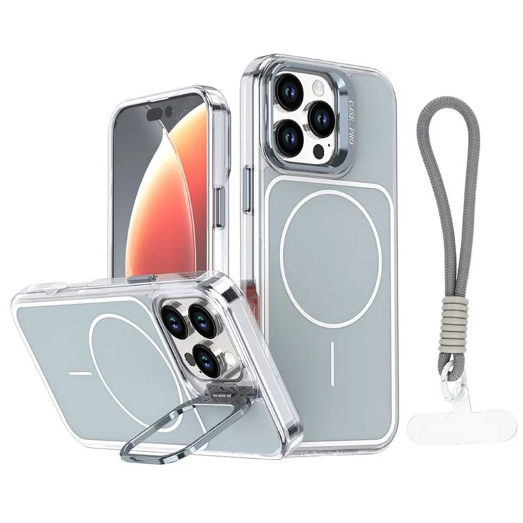 iPhone 16 Pro Max Mobilskal MagSafe Lens Kickstand med Handrem - Grå (Grå) | 2353 | AlltMobil