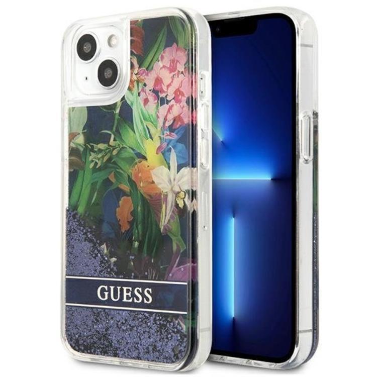 Guess iPhone 13 mini Skal Flower Liquid Glitter - Blå | 2353 | AlltMobil