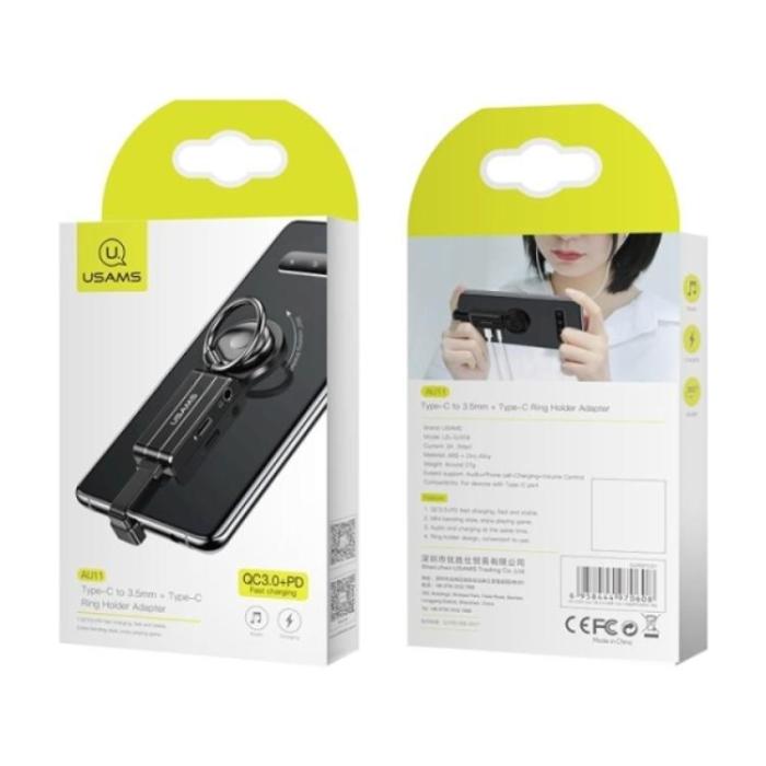 USAMS - USAMS USB-C till USB-C och 3.5mm Adapter med Ringhållare SJ359TC01 - Svart