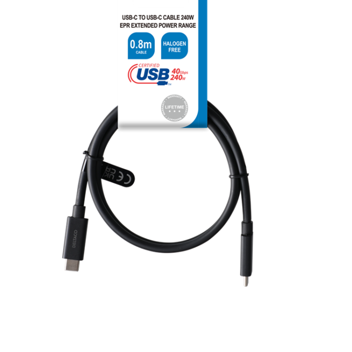 UTGATT1 - Deltaco USB-C till USB-C Kabel 240W 0.8m - Svart
