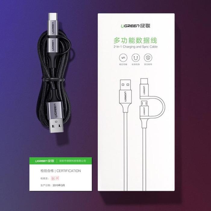 Ugreen - Ugreen 2in1 USB-A till microUSB, USB-C Kabel 1m - Svart