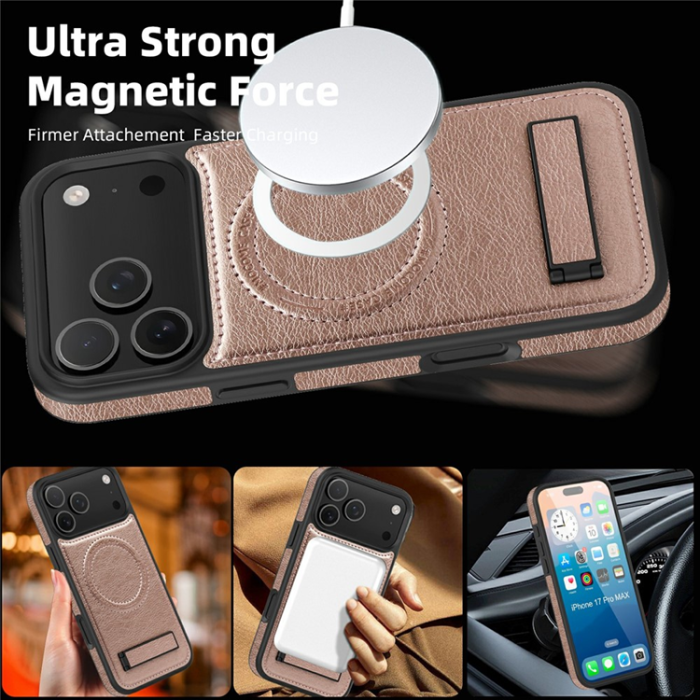 A-One Brand - iPhone 17 Pro Mobilskal MagSafe Kickstand Läder - Roséguld