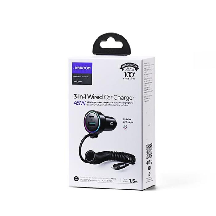 UTGATT1 - Joyroom 3-i-1 Snabb Billaddare 45W med Lightning Kabel 1.5m - Svart
