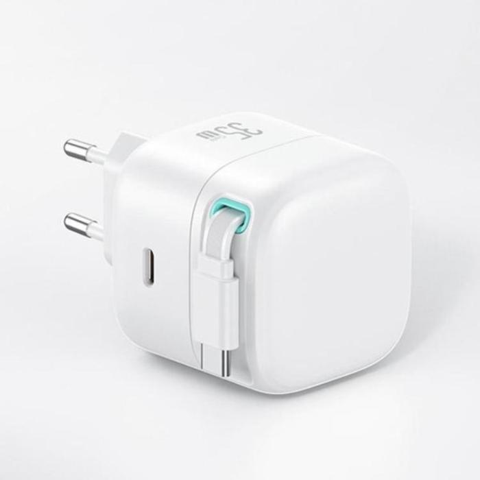 USAMS - USAMS Väggladdare 1xUSB-C m utdragbar kabel PD+QC 35W GaN - Svart