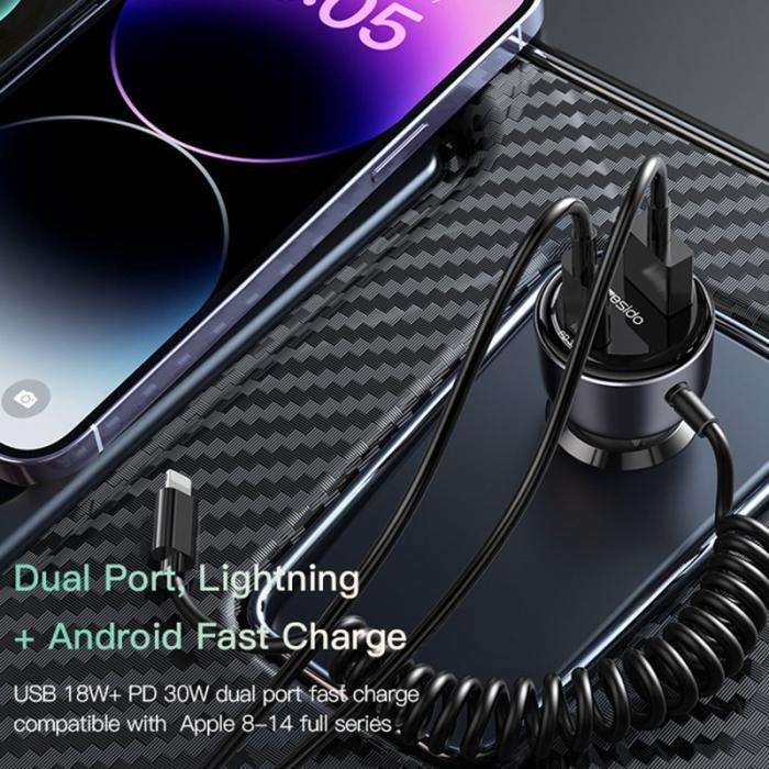 OEM - YESIDO Y57 Snabbladdare för bil 50W med spiral Lightning kabel