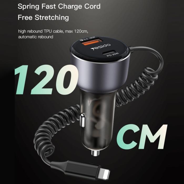 OEM - YESIDO Y57 Snabbladdare för bil 50W med spiral Lightning kabel